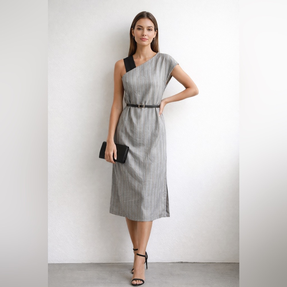 EPTK One Shoulder Herringbone Midi Dress Sz S Black Ivory Asymmetrical Shift‎
